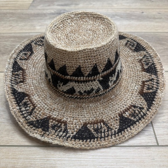 Accessories - Vintage Peruvian Wool Handmade Sun Hat Wide Brim Patterned Boho Festival Unique